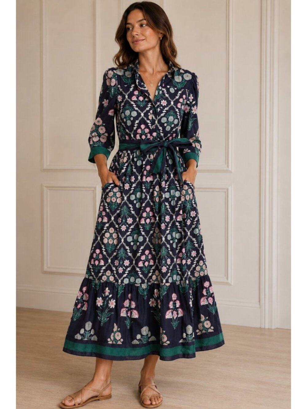 Celina Moon Floral Print Belted Midi Shirt Dress with Pockets